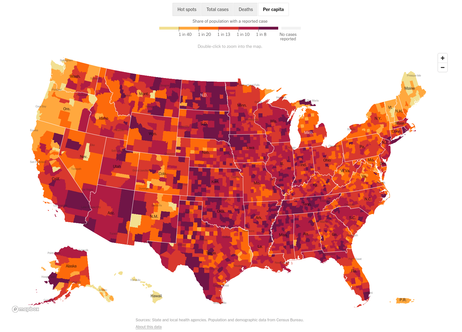 A New York Times map showing the share of the population in each county with a reported COVID case