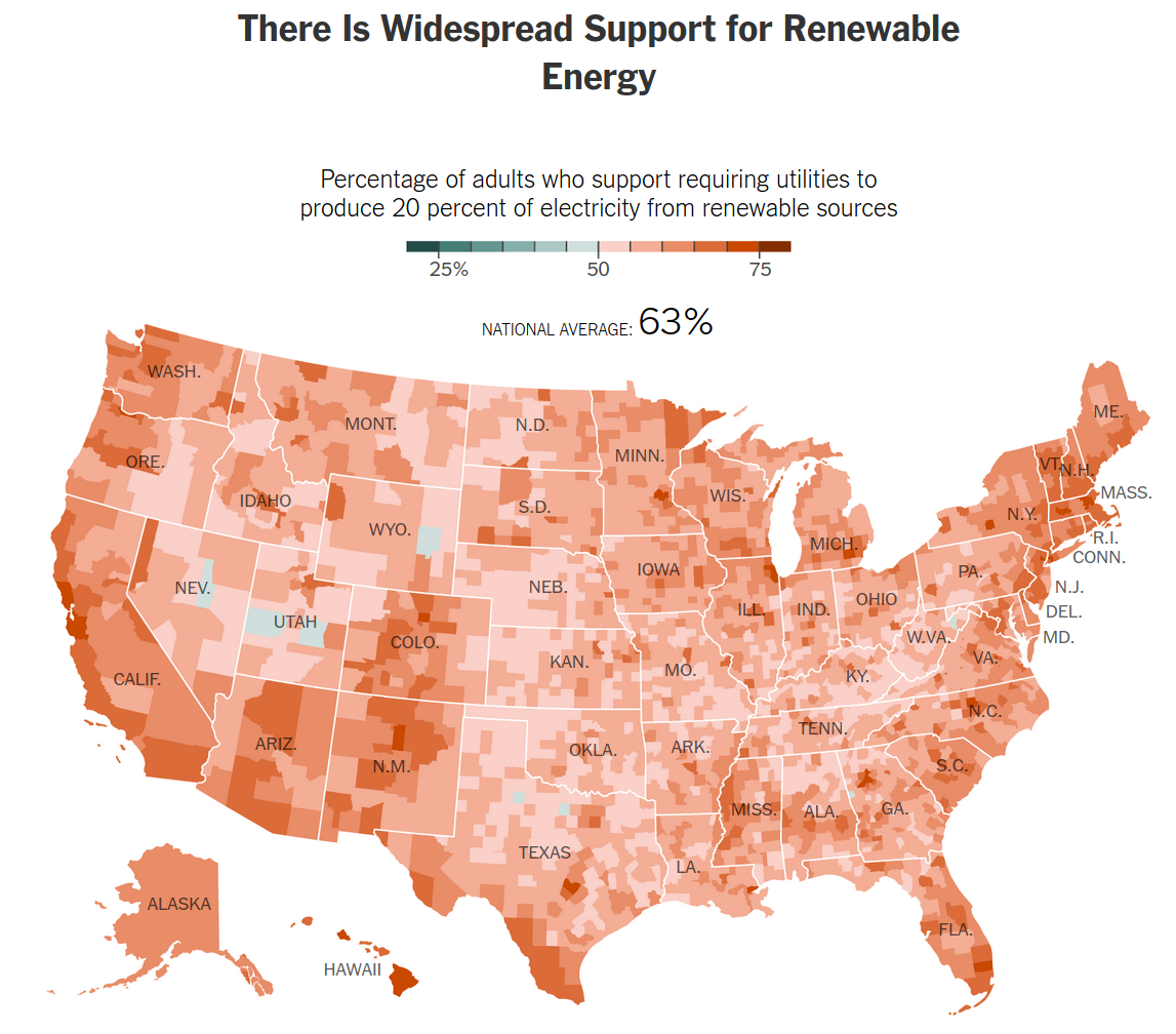 Choropleth map showing the amount of support for renewable energy throughout each U.S. county