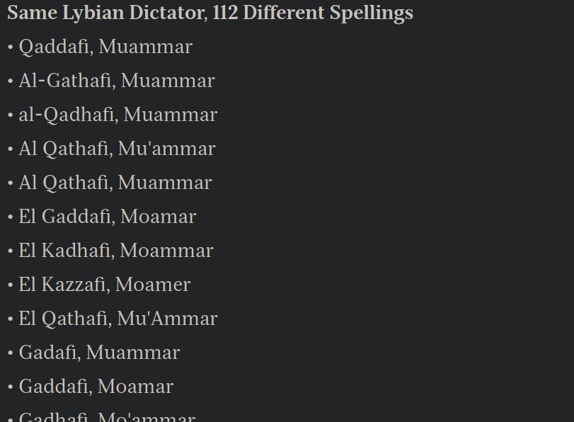 The many ways of spelling the name of a former Lybian dictator