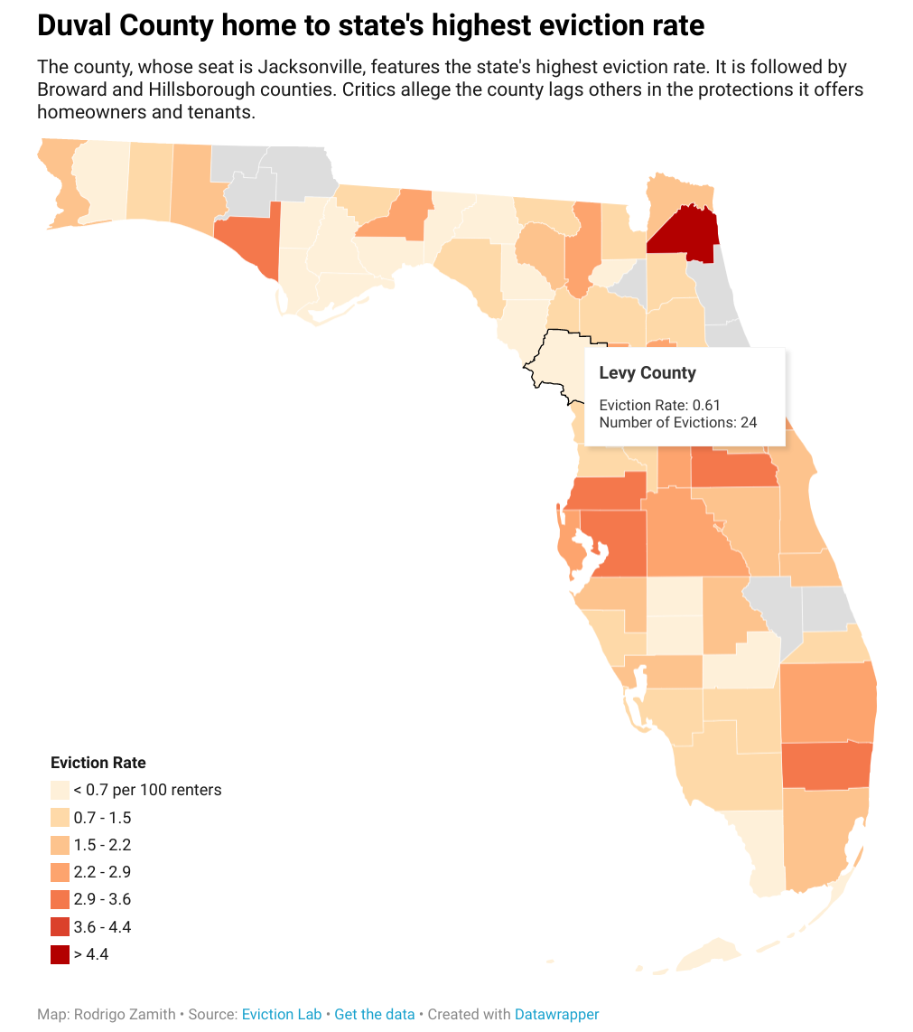 An interactive map of eviction rates in different Florida counties