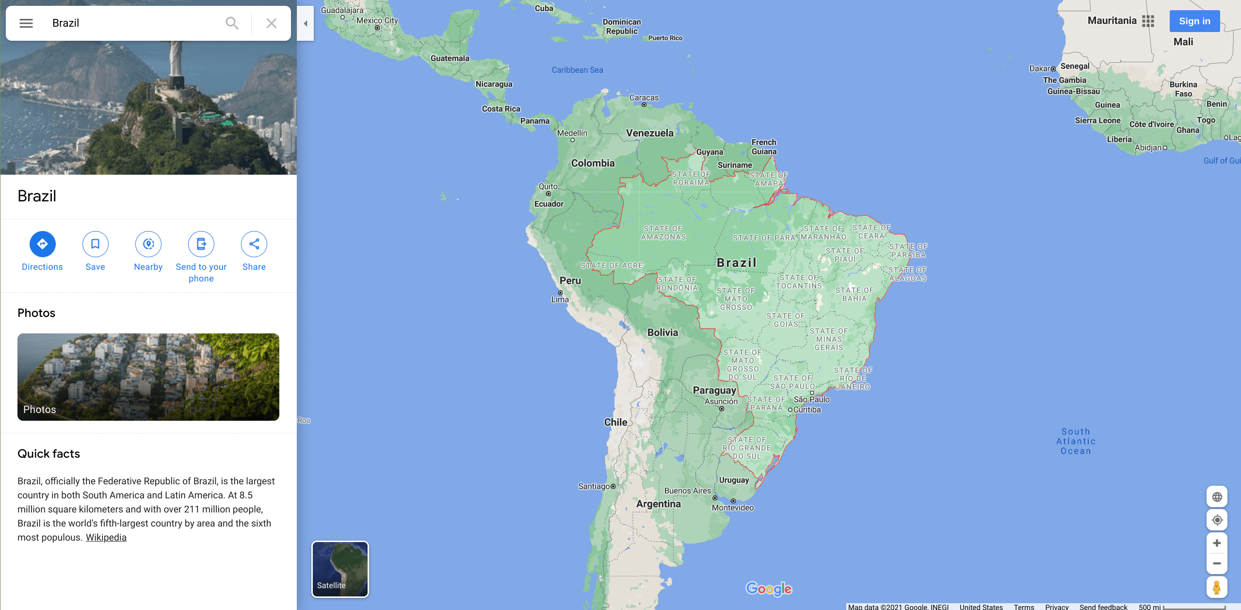A Google Map showing the outline of Brazil