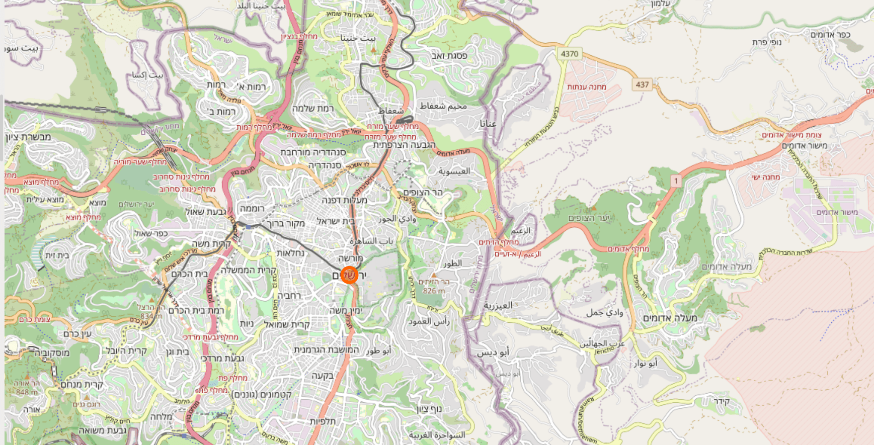 An OpenStreetMap map showing the naming of locations in either Hebrew or Arabic