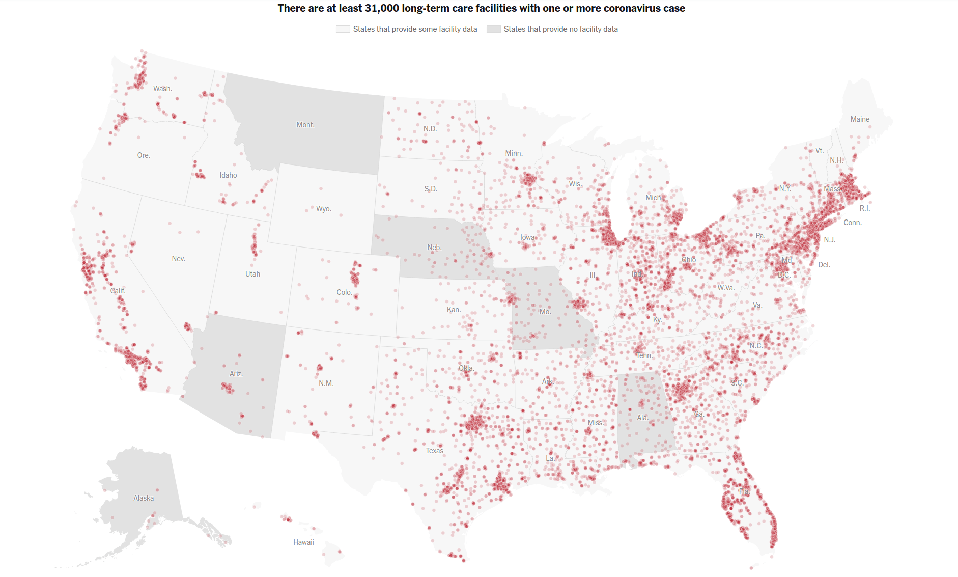 A New York Times map showing the nursing home locations where a COVID-19 case was reported