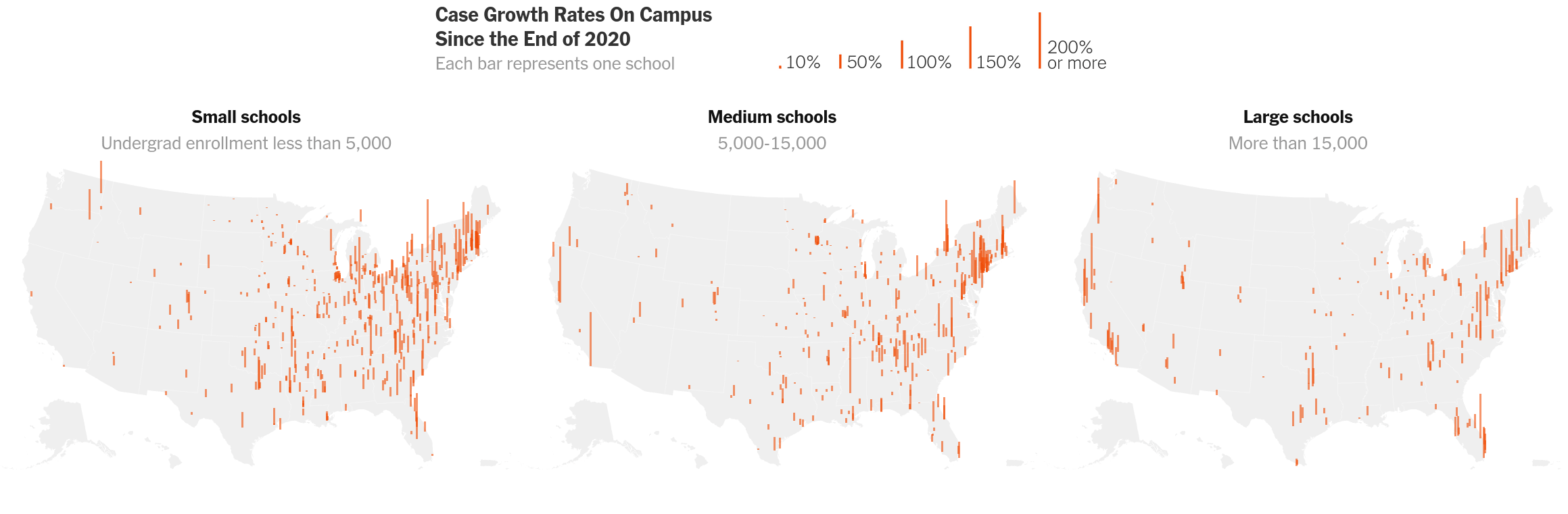 A New York Times map showing the case growth rates at different post-secondary schools