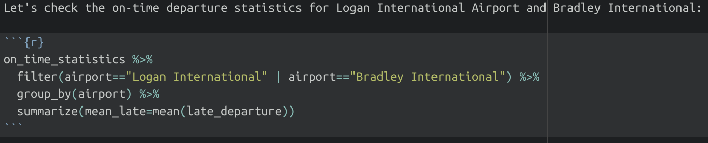 Sample code for analyzing on-time departures at two different airports