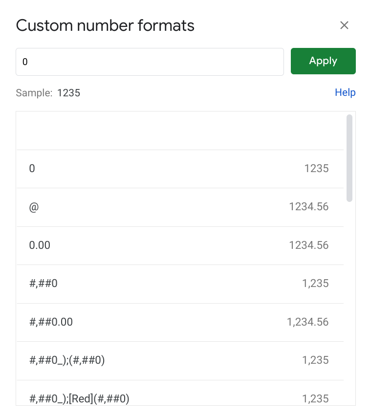 Menu option for custom number formatting in Google Sheets