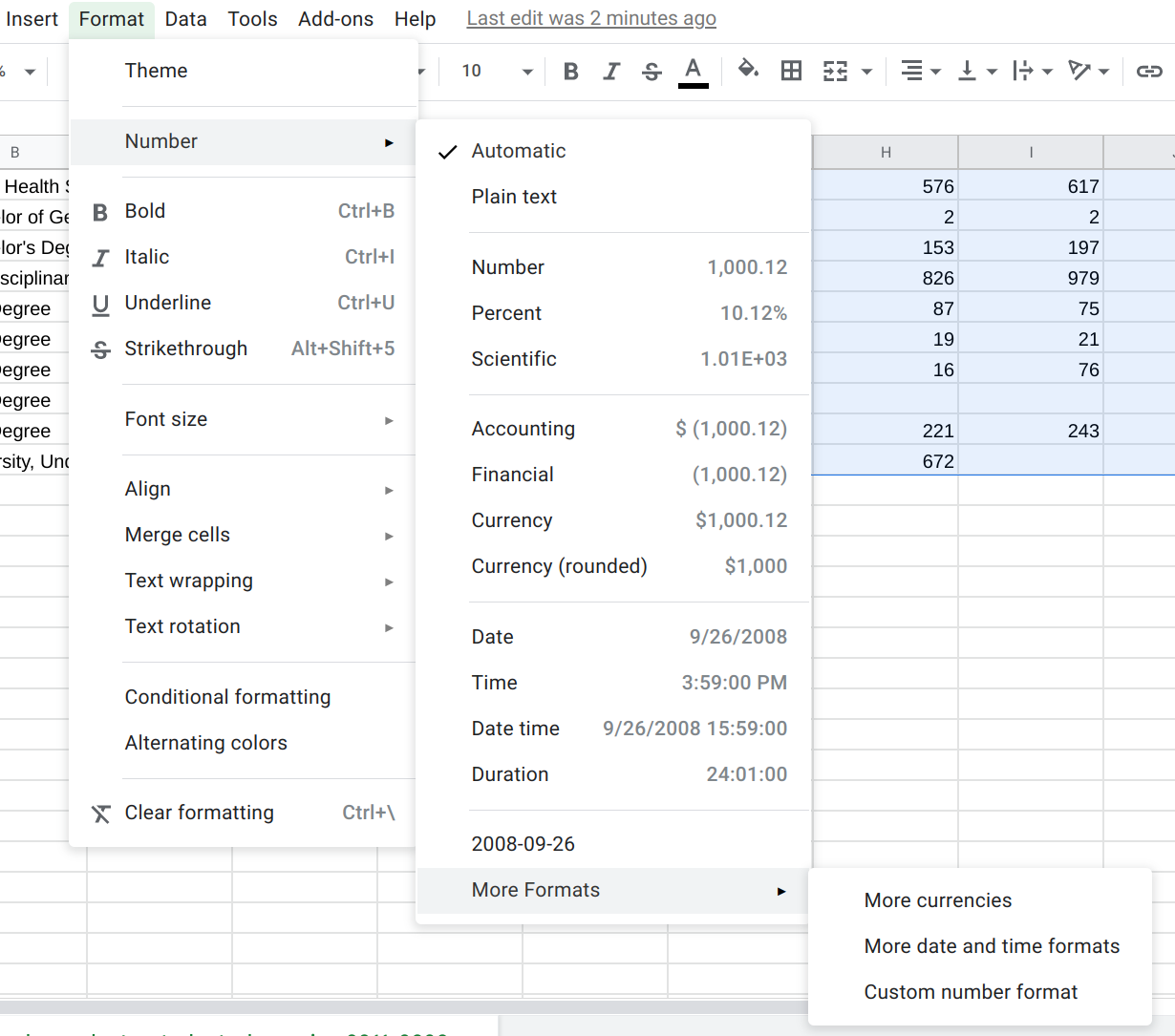 Menu option for custom number formatting in Google Sheets