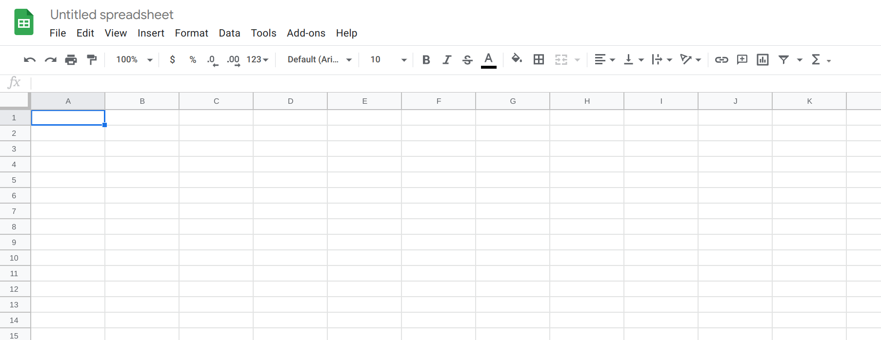 An empty spreadsheet in Google Sheets