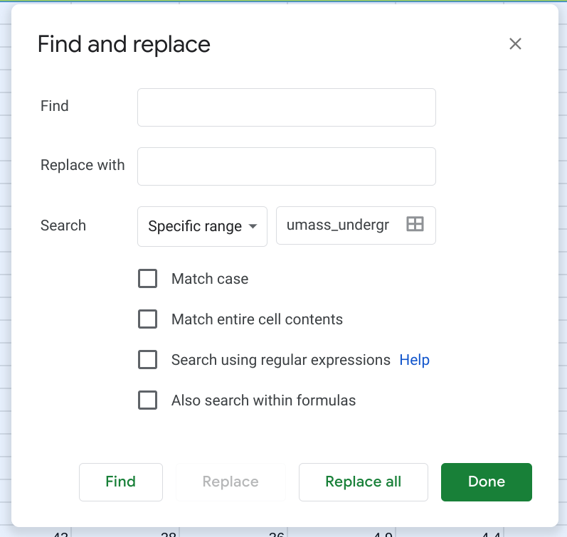 Find and Replace dialog box in Google Sheets
