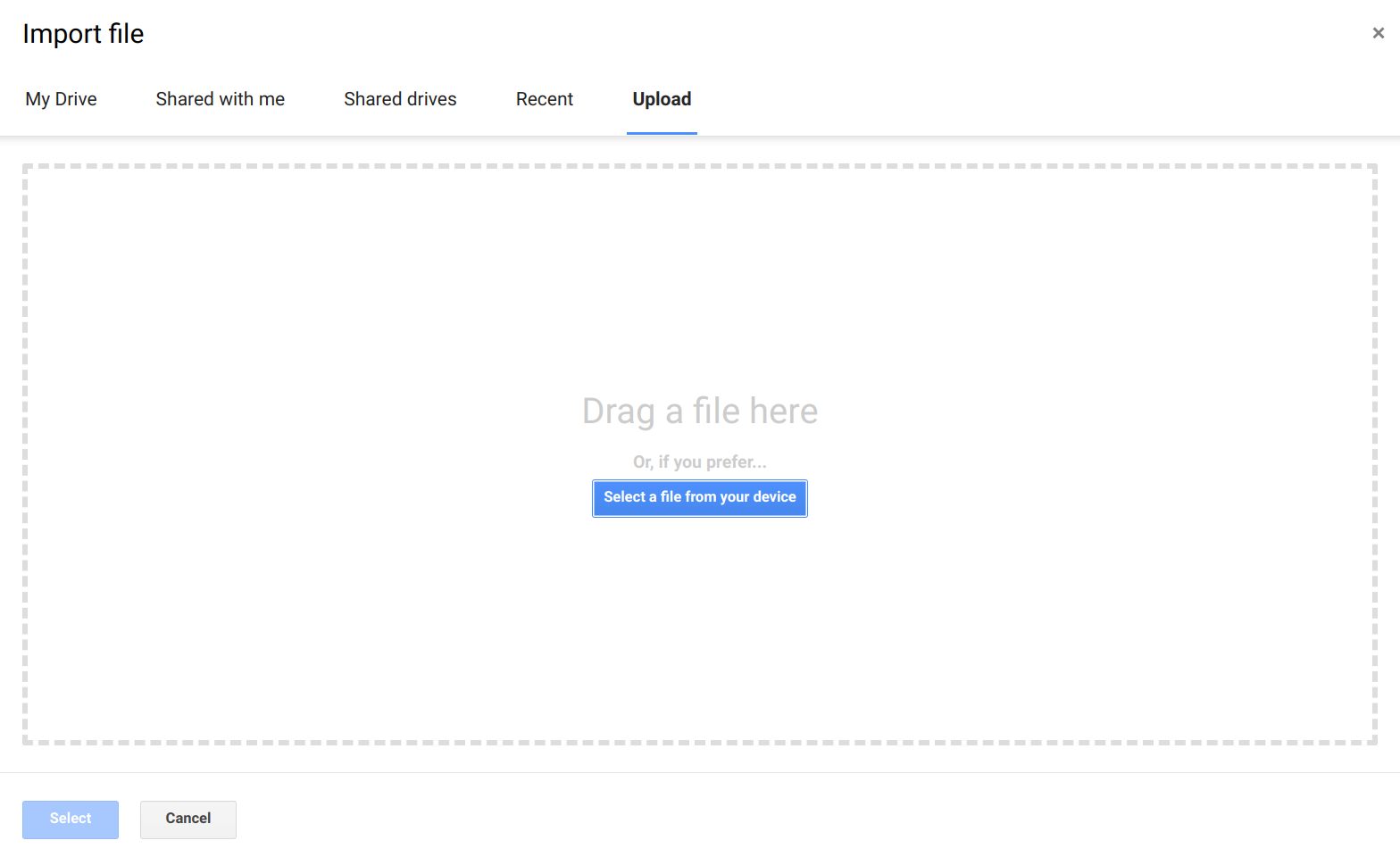 File import screen in Google Sheets