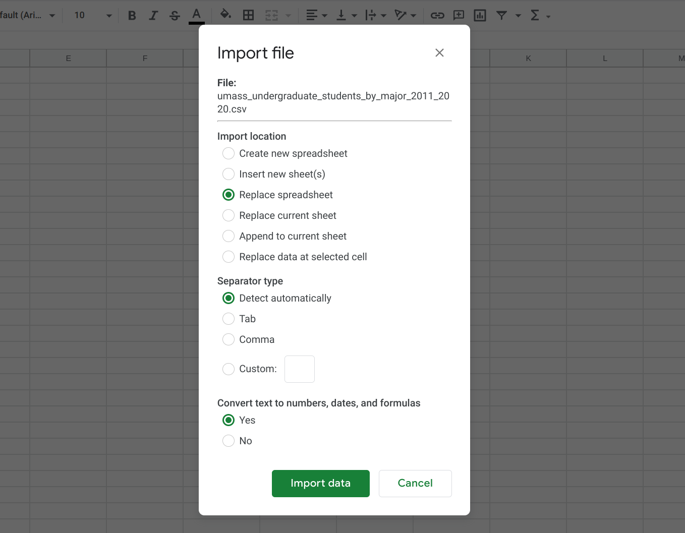 File import settings screen in Google Sheets