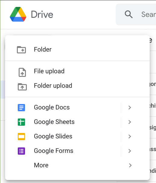 Dropdown menu to create a new Google Sheet