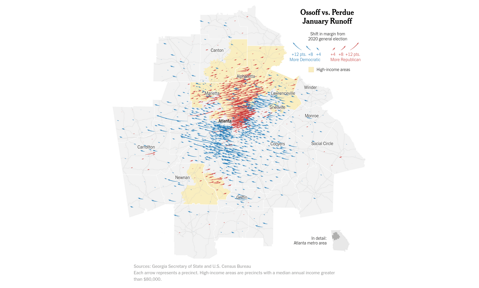 A New York Times map showing changes in voting patterns in Georgia