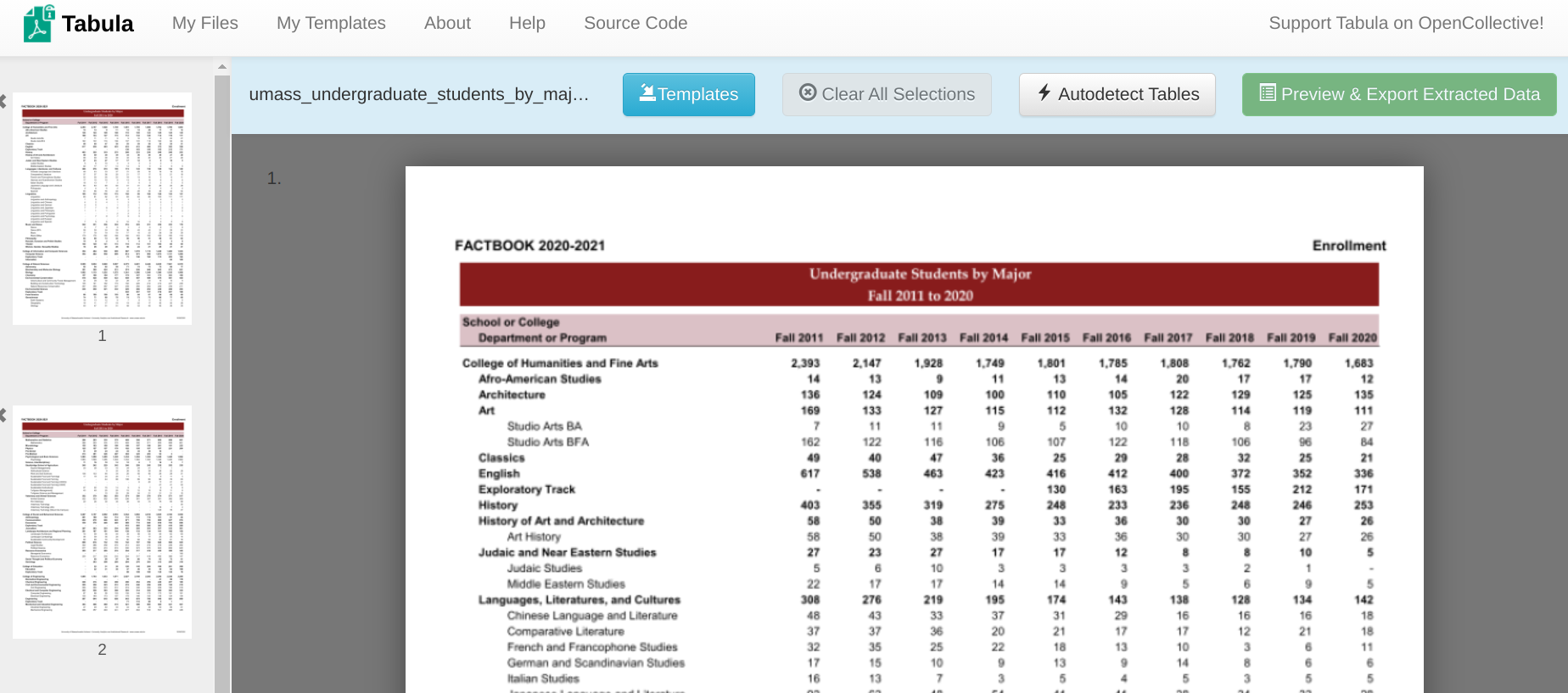 Table selector screen in Tabula