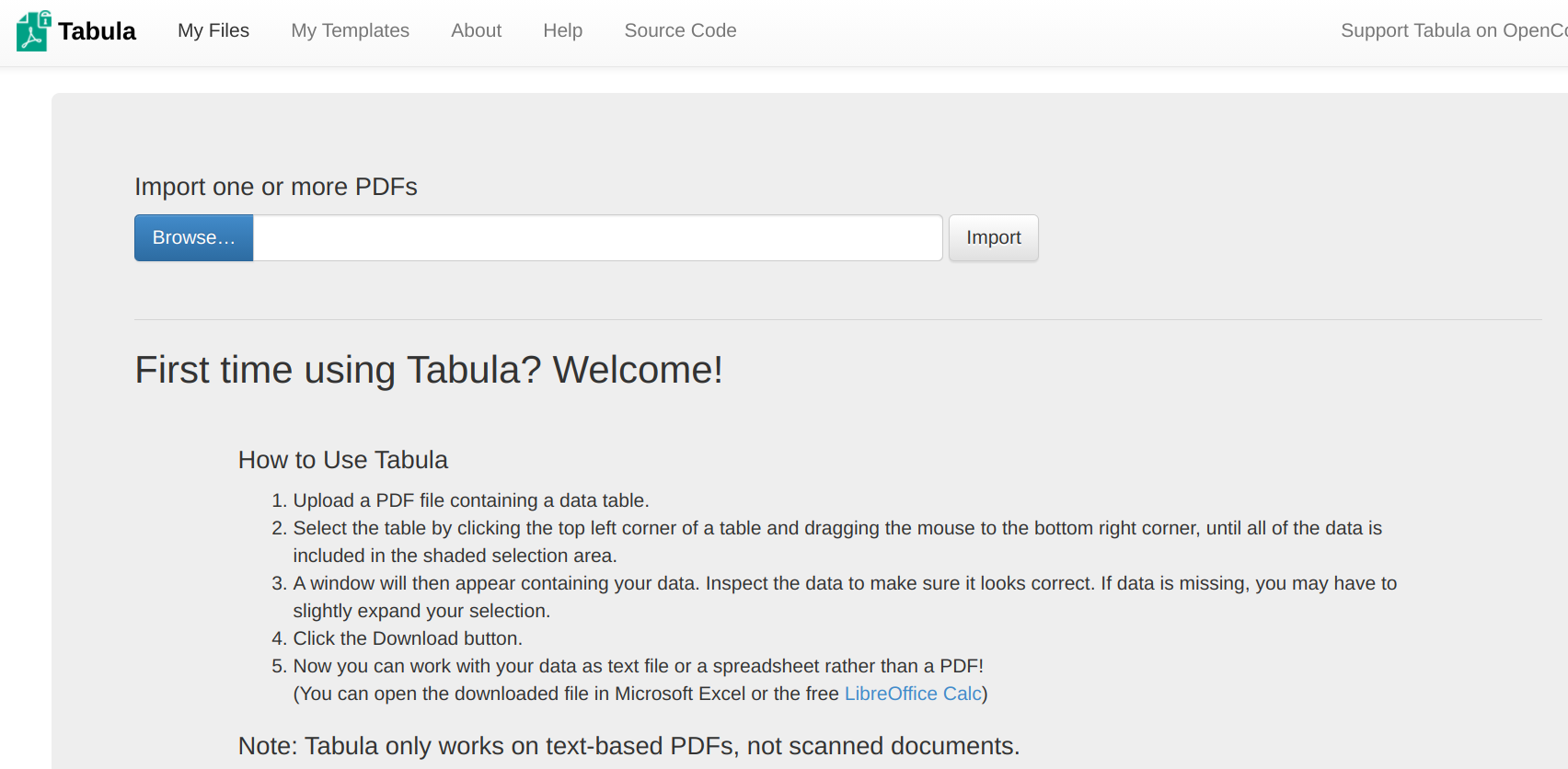 Welcome screen for Tabula
