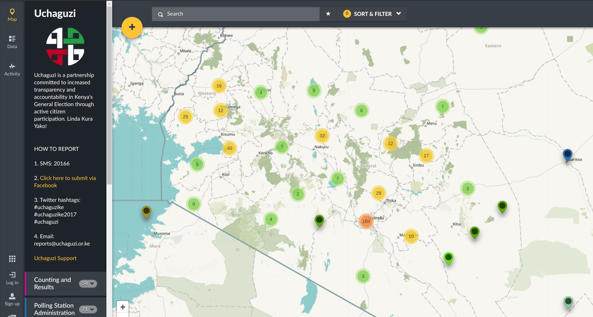 An Ushahidi map crowd-mapping different kinds of reports during the 2017 Kenyan election